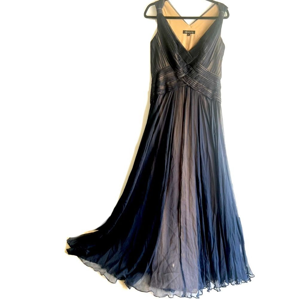 Tadashi Shoji Crinkle Silk Chiffon Semi Sheer Navy Blue Evening Dress Size 10